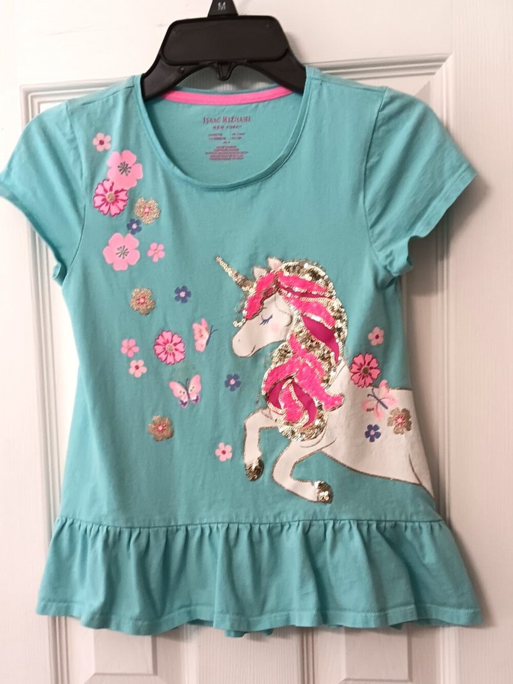 Isaac Mizrah Girl'si Light Blue with Pink White Gold Sequin Unicorn Tee -